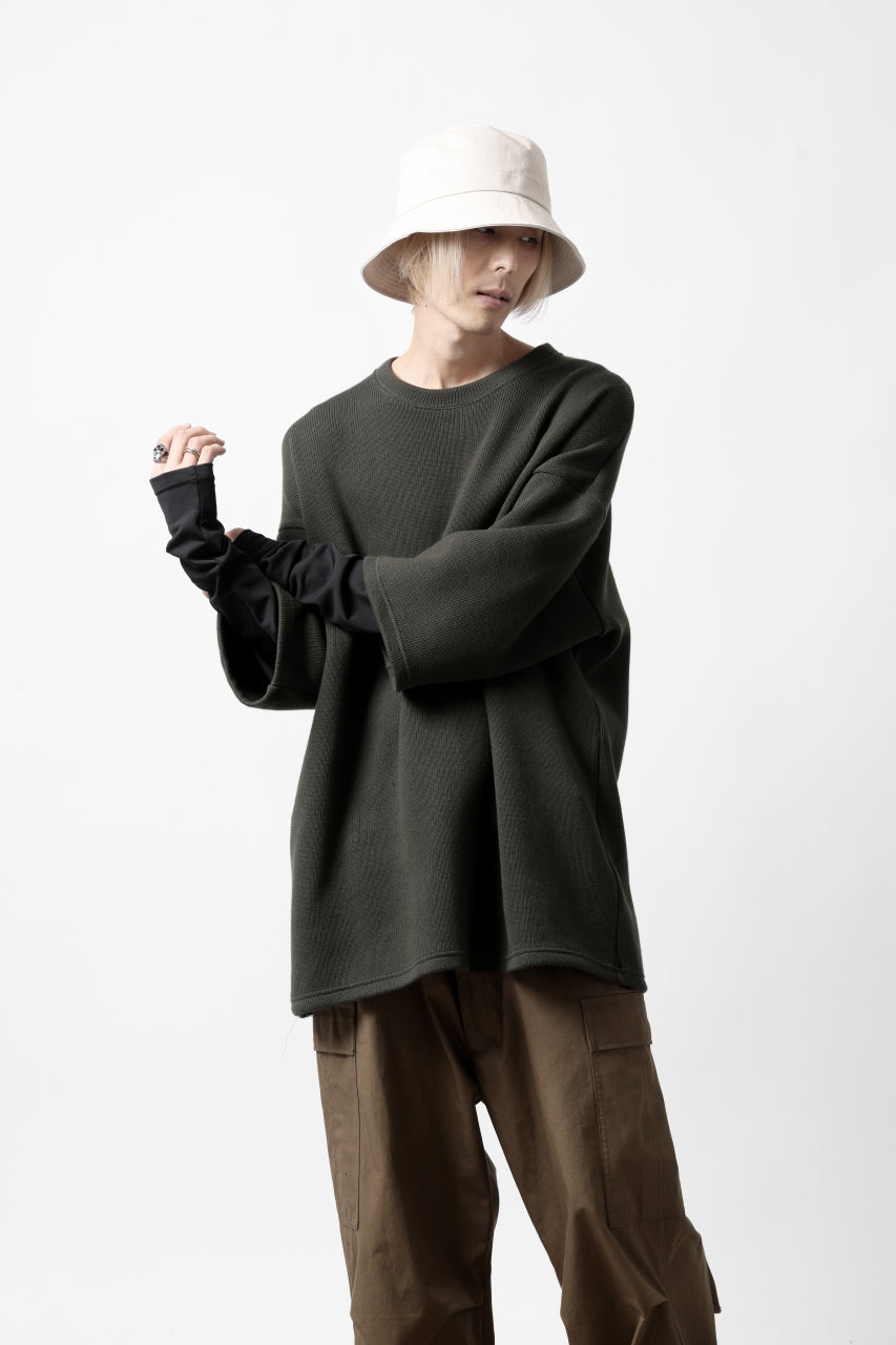 A.F ARTEFACT LAYERED LONG TOPS / COTTON KNIT+HEAT PERFORMER (KHAKI x BLACK)