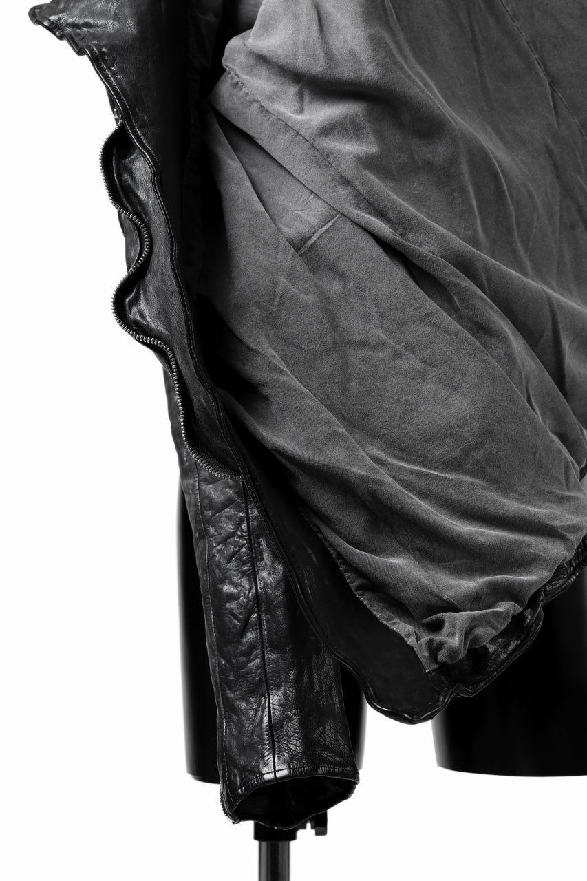 Load image into Gallery viewer, ISAMU KATAYAMA BACKLASH xx incarnation DOUBLE BREASTED ZIPPER BLOUSON / JAPAN CALF LEATHER (OBJECT DYED BLACK)